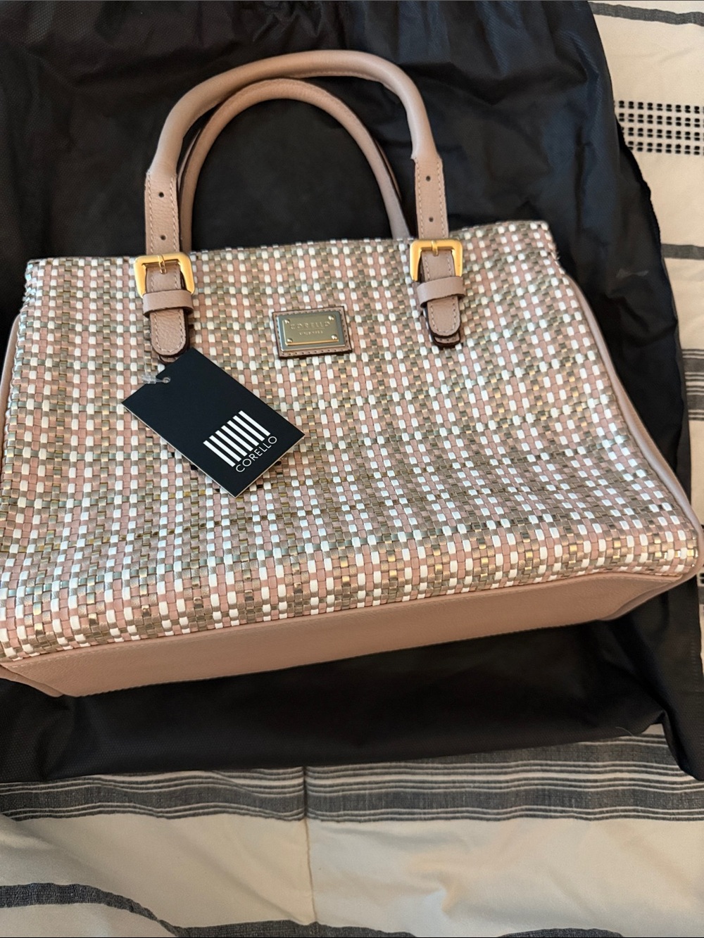 Blush Woven Satchel with Blush Leather Trim